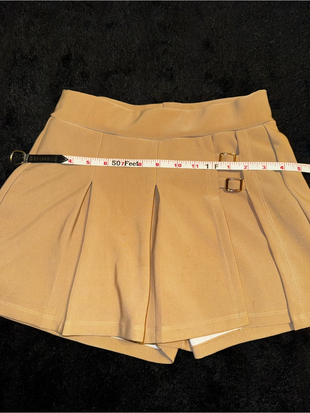 High-Waist Tan Pleated Skort with Decorative Buckles